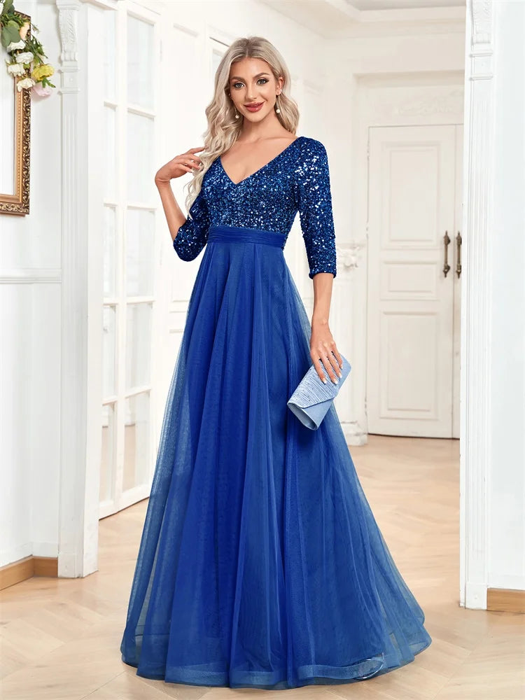 Luxury Floor Length V-Neck Tulle Evening Dress