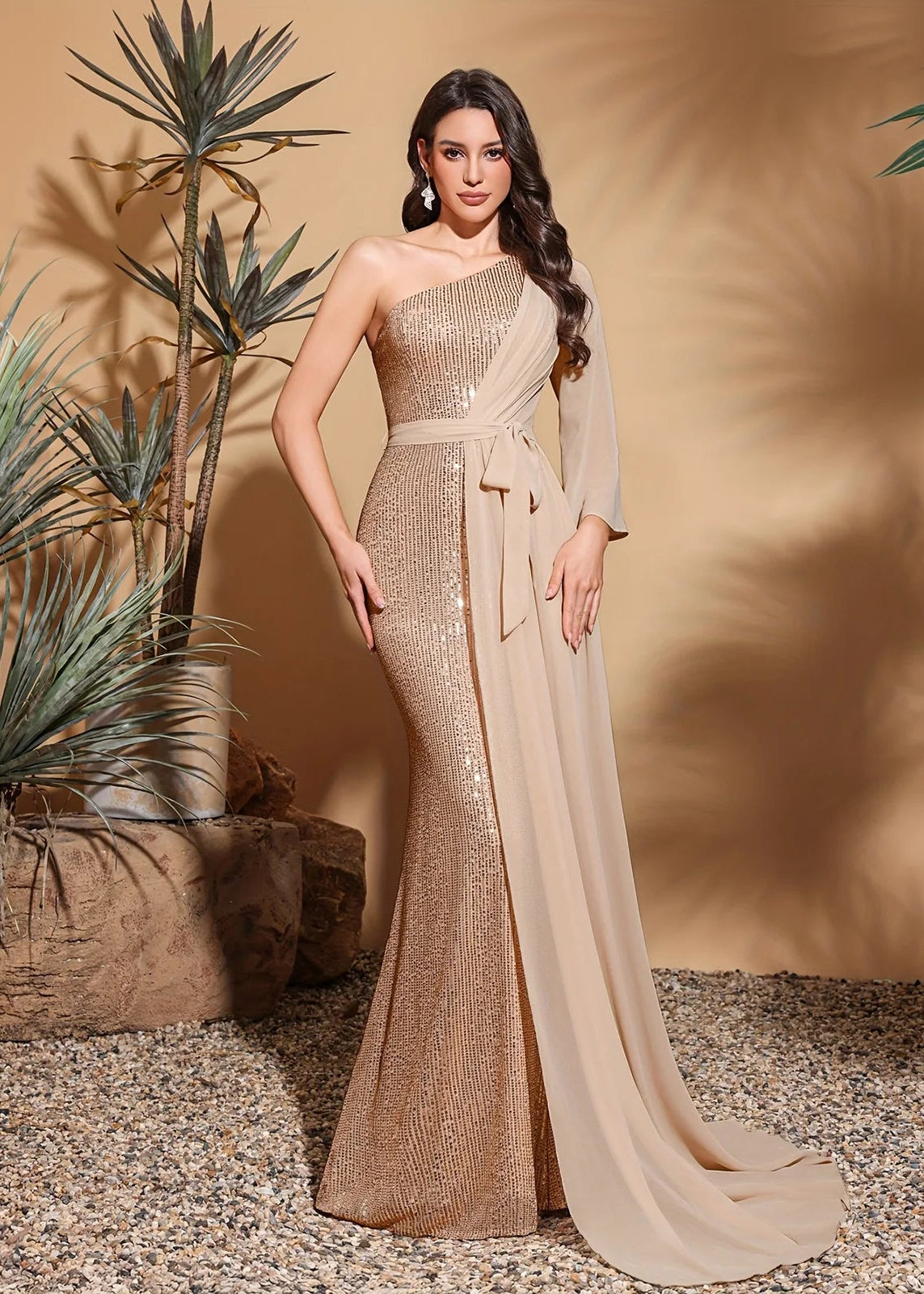 Sequined one-shoulder chiffon patchwork belt-decorated hip dress