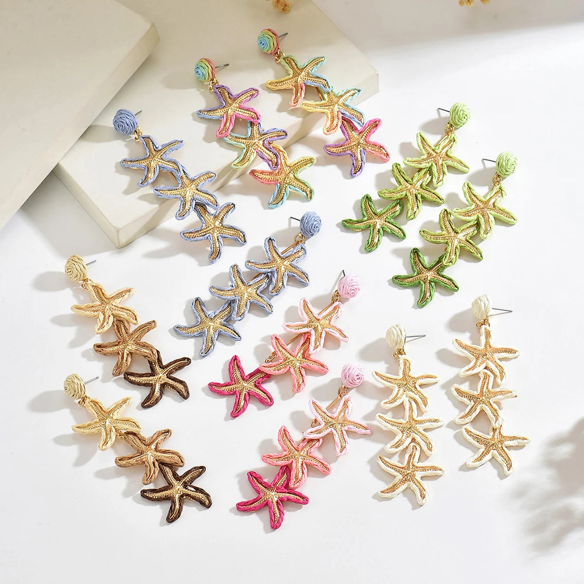 Women Handmade Rainbow Straw Triple Starfish Earrings Color Block Raffia Ball Stud Long Sea Star Dangling Earrings Bohemian Seas