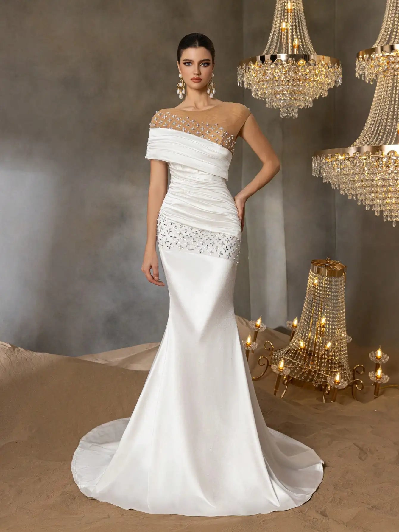 Elegant rhinestone-detailed pleated front panel beaded mesh and satin wedding dress