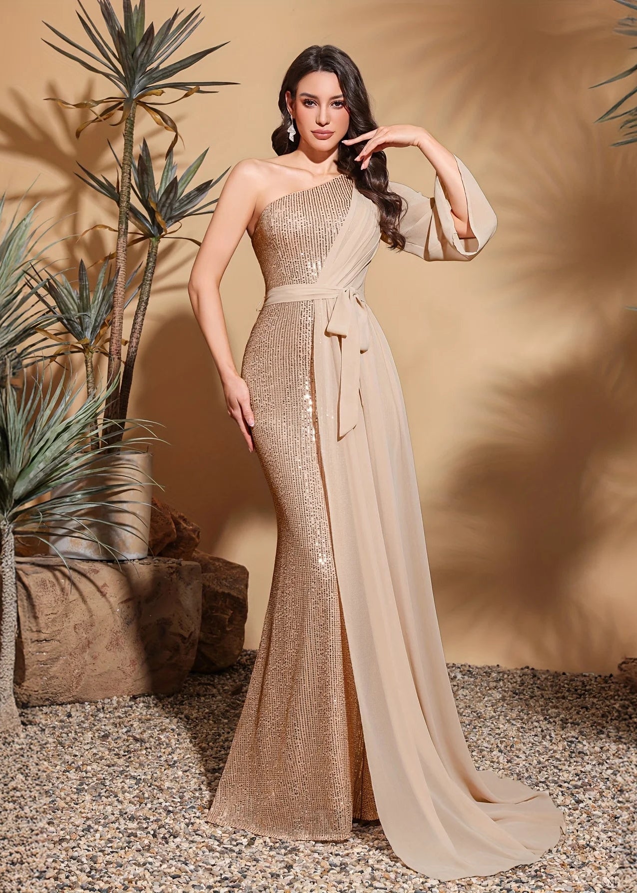 Sequined one-shoulder chiffon patchwork belt-decorated hip dress