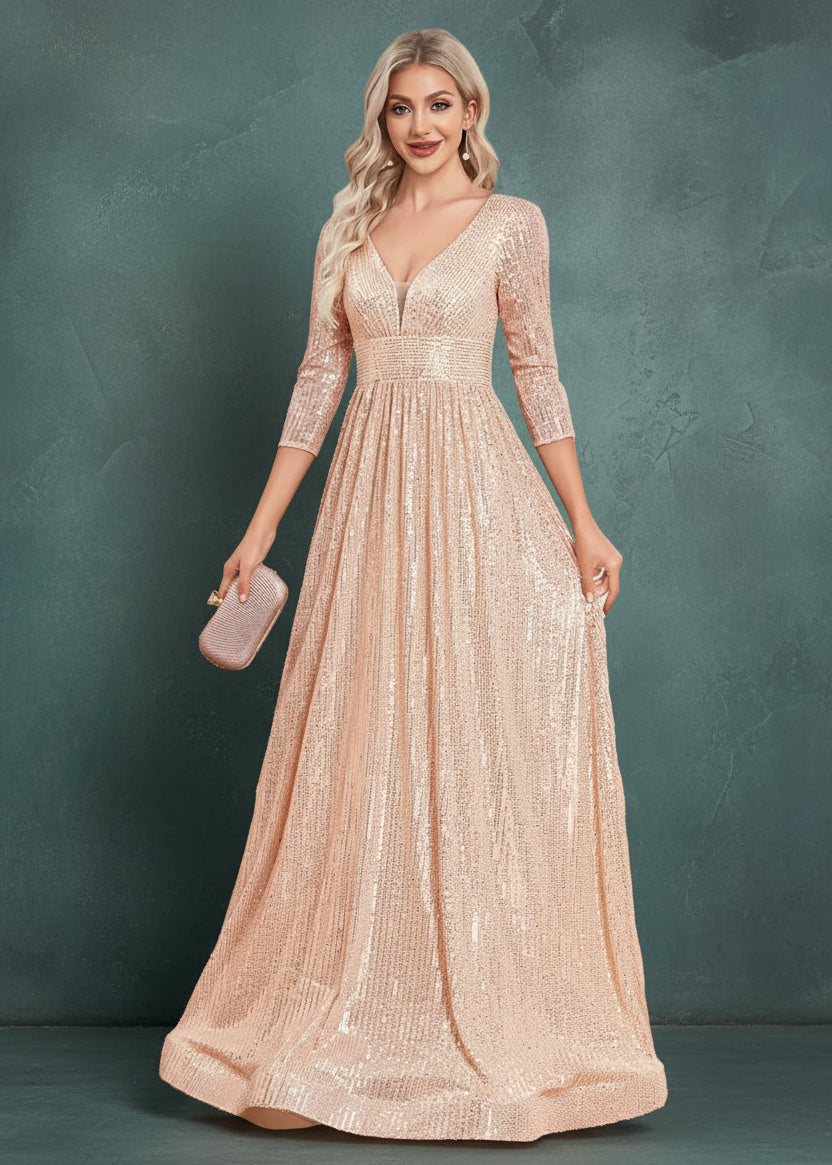 Luxury V Neck Long Sleeves Blue Sequins Formal Evening Dress Women 2024 Wedding Party Prom Maxi Cocktail Dress Gowns