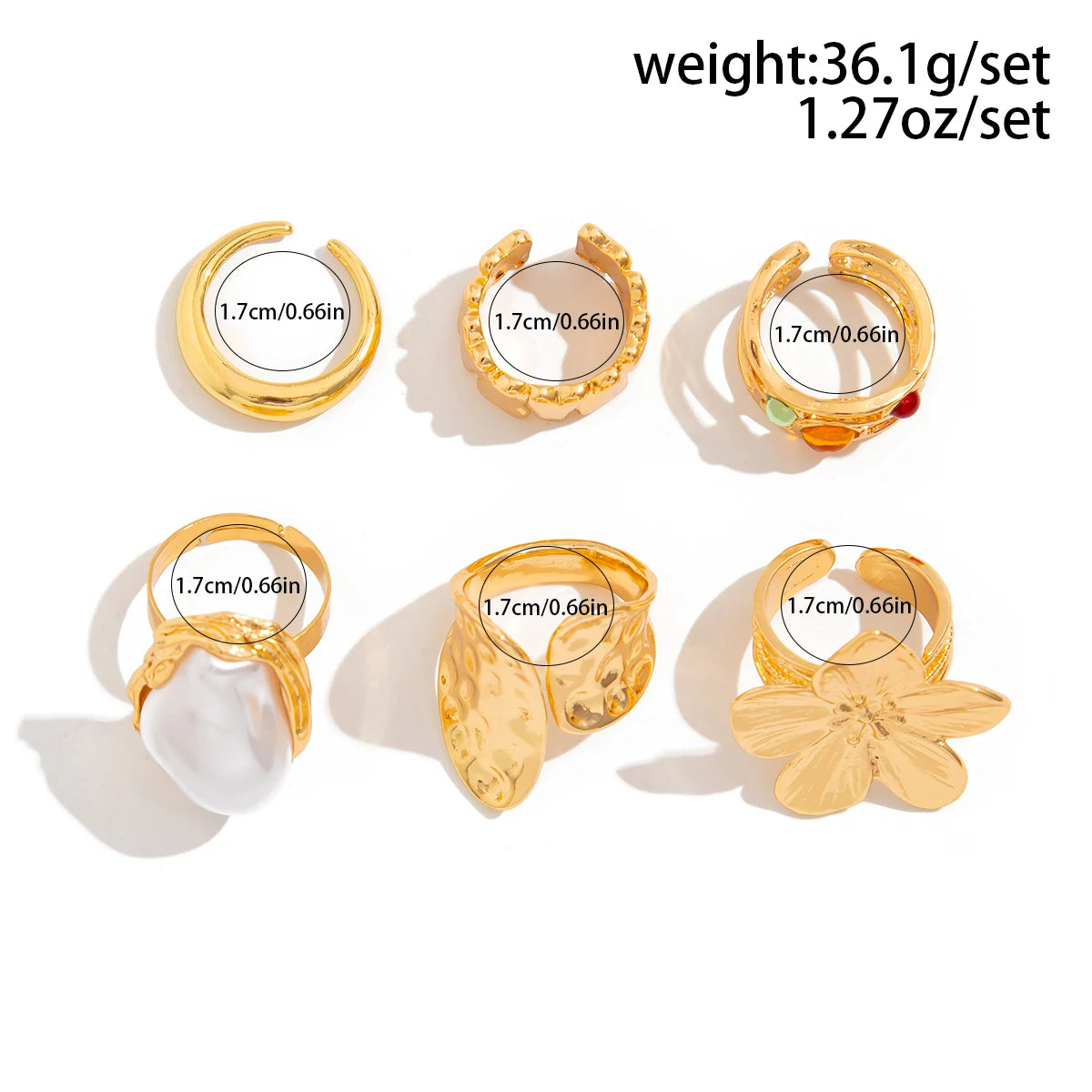 KunJoe 6 Pcs Elegant Crystal Imitation Pearl Open Rings Set for Women Smooth Metal Gold Color Flower Chunky Ring Jewelry Gift