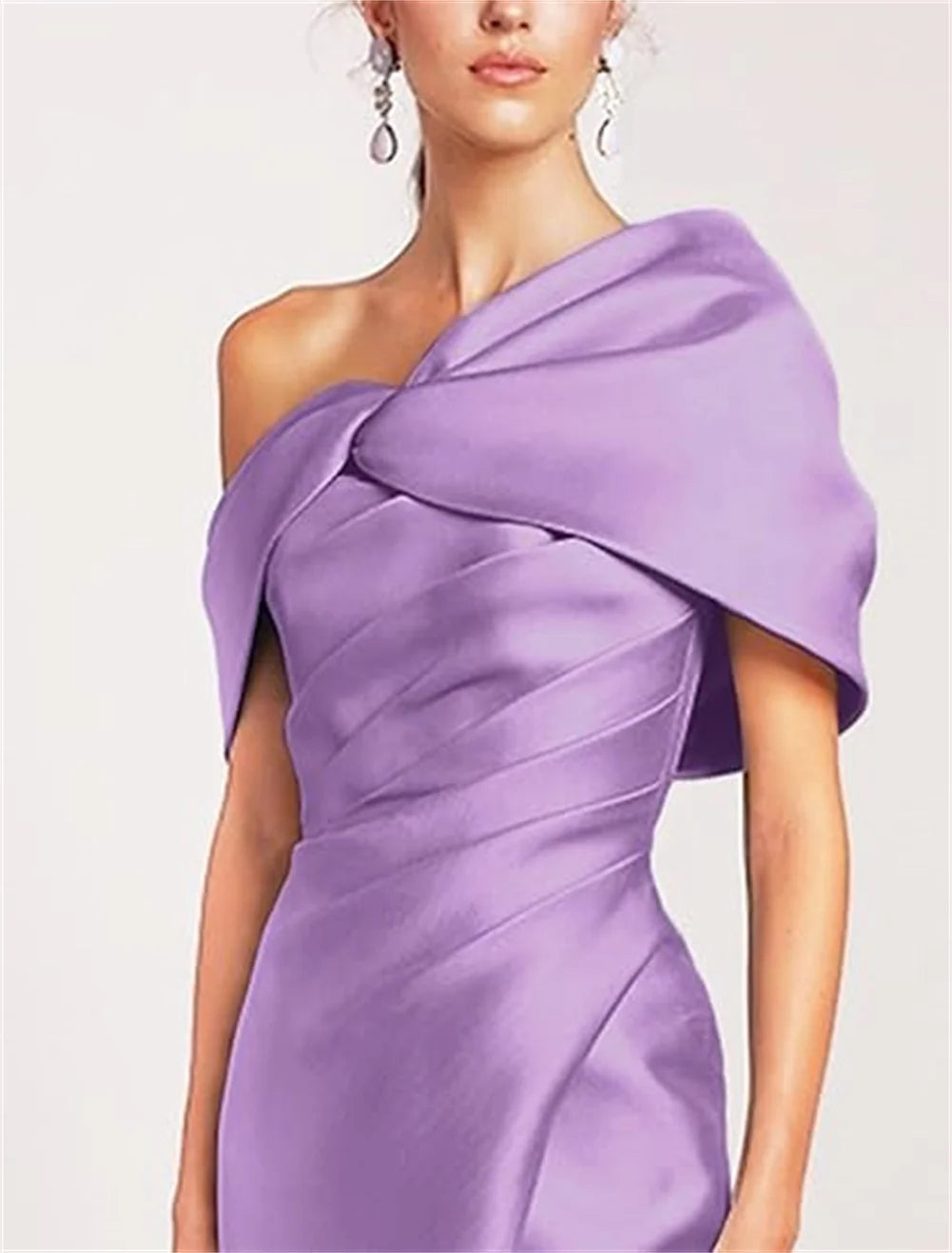 Women Mermaid Satin Floor Length Evening Gowns Sheath High Side Slit One Shoulder Ruched Backless Wedding Guest Dress
