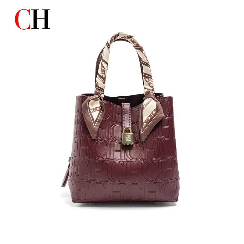 CH New Tote Bag Embossed Logo Silk Scarf Decor Lock Buckle Burgundy Fashion Women Casual Daily Handbag