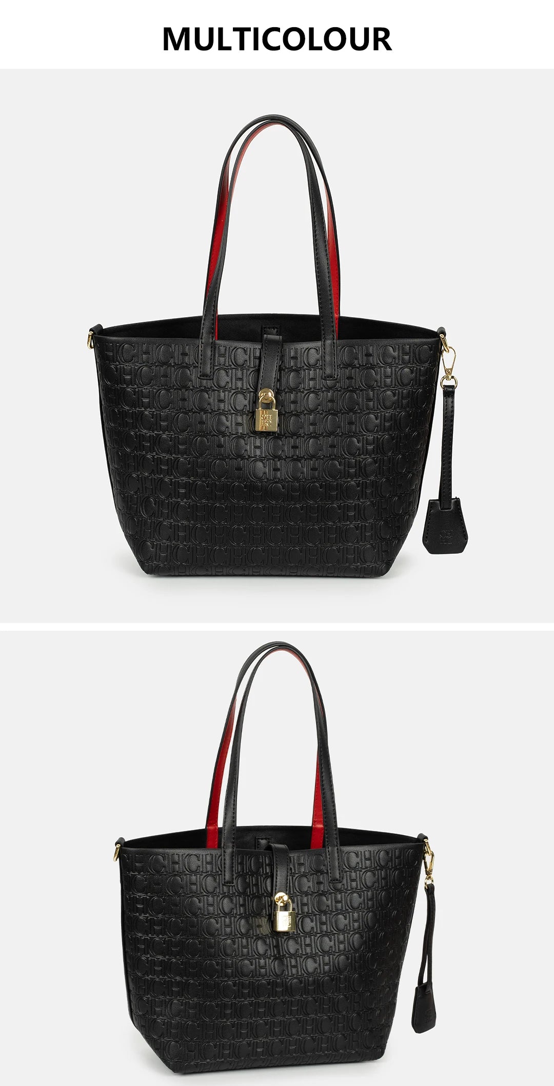 CH Embossed Monogram Tote Handbag Detachable Crossbody Strap Gold Lock Hardware Daily Fashion Women Bag