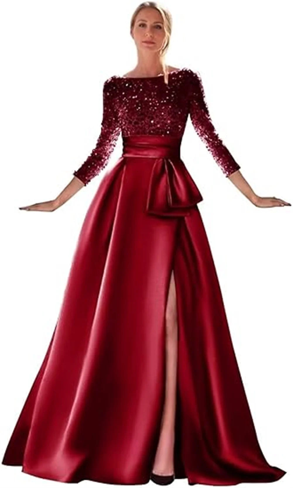 Long Sleeves Mother Of The Bride Dresses For Wedding Sparkly Sequin Ball Gowns Side Slit Satin Formal Party Prom Gown
