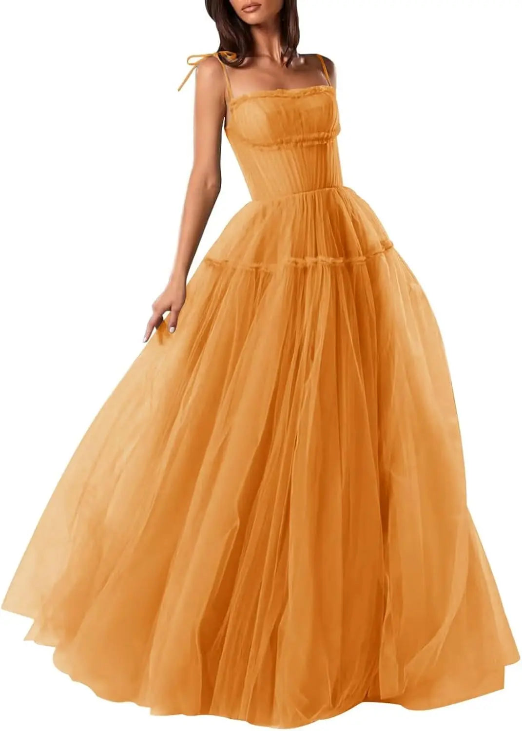 Women's Tulle Prom Dresses Spaghetti Straps Bridesmaid Dresses Long A Line Foraml Evening Party Gowns Tiered Fluffy Skirt Dress
