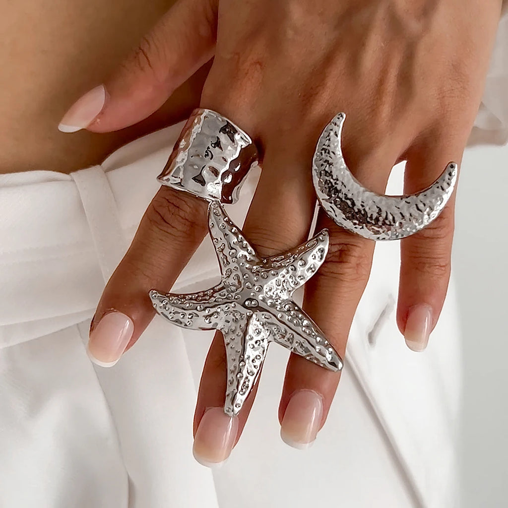 Salircon Exaggerated Vintage Big Starfish Moon Flower Ring for Women Trend Personality Metal Punk Party Finger Ring Jewelry