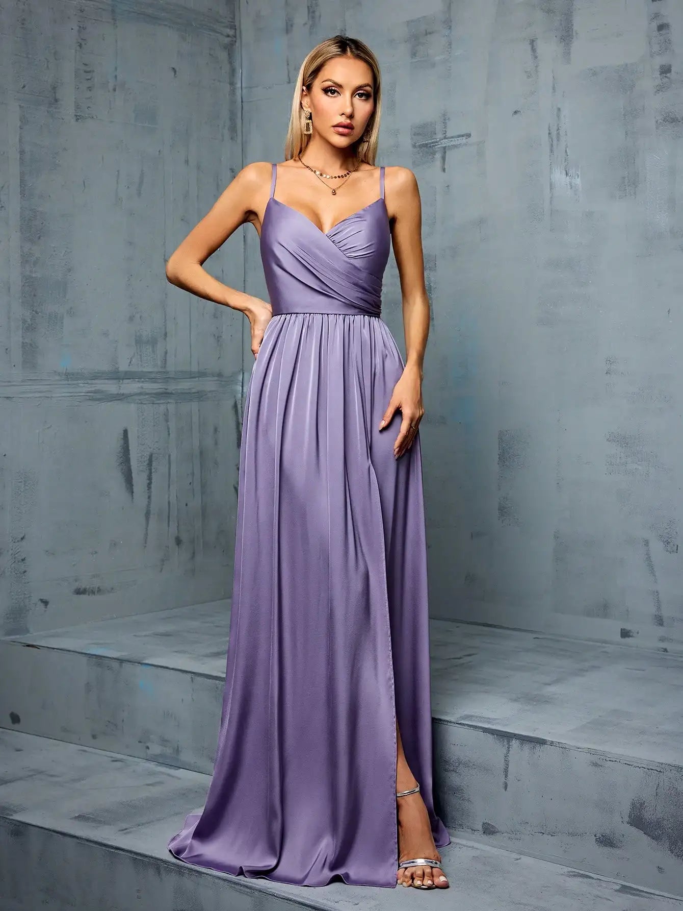 MGIACY V-neck halter-style irregularly pleated satin fabric slit dress with wide skirt for bridesmaids