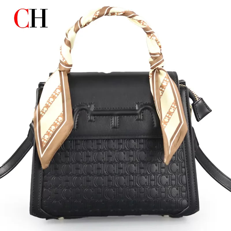 CH Women's Monogram Embossed Crossbody Bag with Scarf Handle & Horsebit Detail Fashion Shoulder Bag for Daily/Party