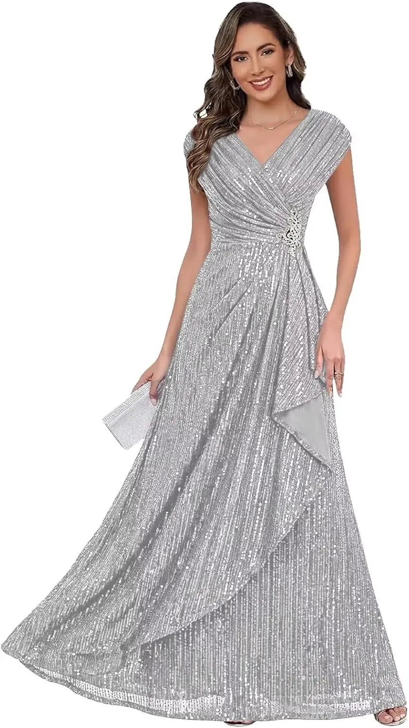 Sparkly Sequin A Line Mother of The Bride Dresses for Women Ruffles Long Formal Dress V Neck Evening Party Gown Dress