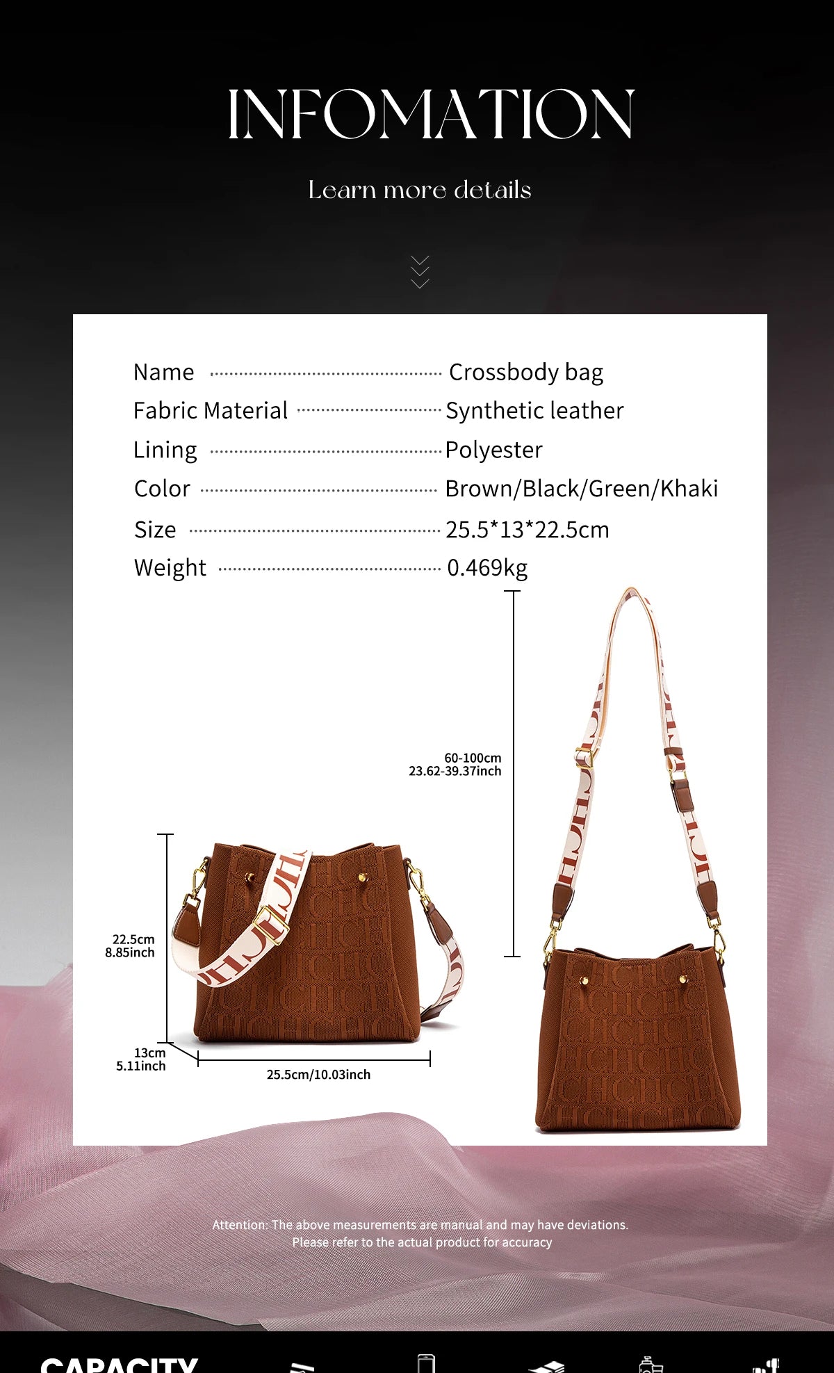 Crossbody Bag Synthetic Leather Purse for Women, Large Capacity 25.5x22.5x13cm Lightweight Bag, 5 Color Options