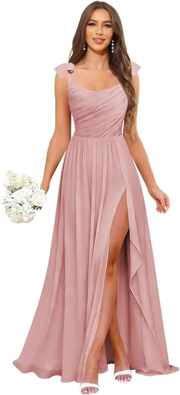 Square Neck Bridesmaid Dress with Ruffle Slit Chiffon Spaghetti Straps Ruched Bust Long Formal Prom Wedding Guest Gown