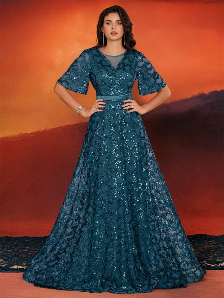 Elegant V-Neck Short sleeve Sequins Evening Dresses Long New Luxury Formal Mermaid Party Graduation Cocktail Gowns