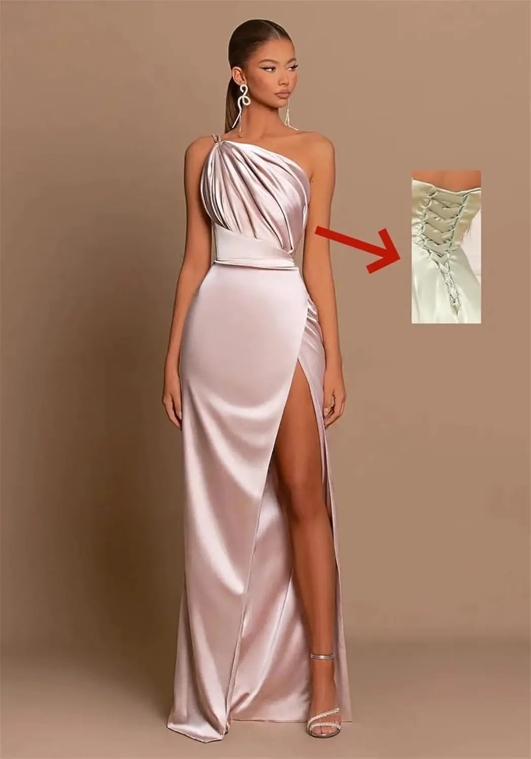 Long Satin Bridesmaid Dresses One Shoulder Spaghetti Straps Mermaid Prom Dress with Slit