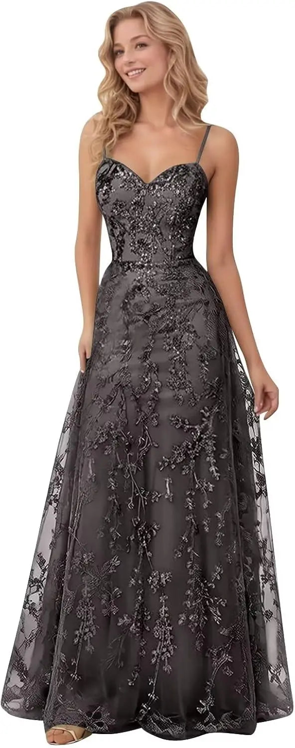 Tulle Formal Dress Laces Spaghetti Strap Sparkly Prom Dress for Women Long Evening Party Gown Formal Dress Women Elegant