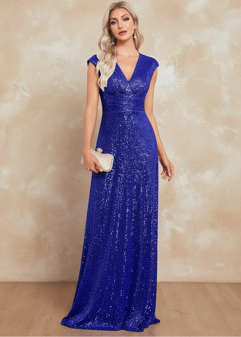 Women Elegant V-neck Mermaid Evening Dress Floor Length Formal Blue Prom Party Gown Sequins Sleeveless Vestidos
