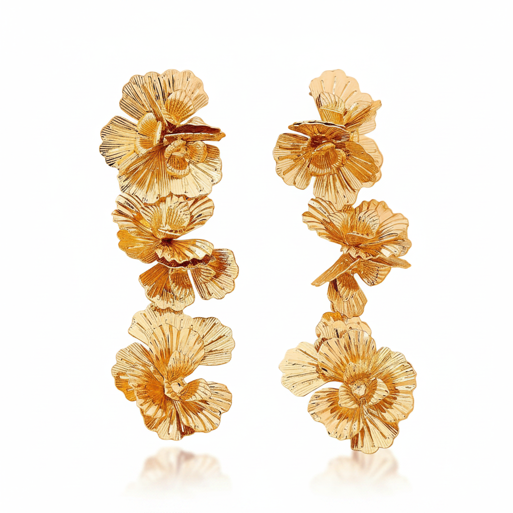 Women's Earrings, Metal Earrings with 3 Flowers, Sweet and Fashionable, Medium-Length, Suitable for Daily Wear and Vacation Wear