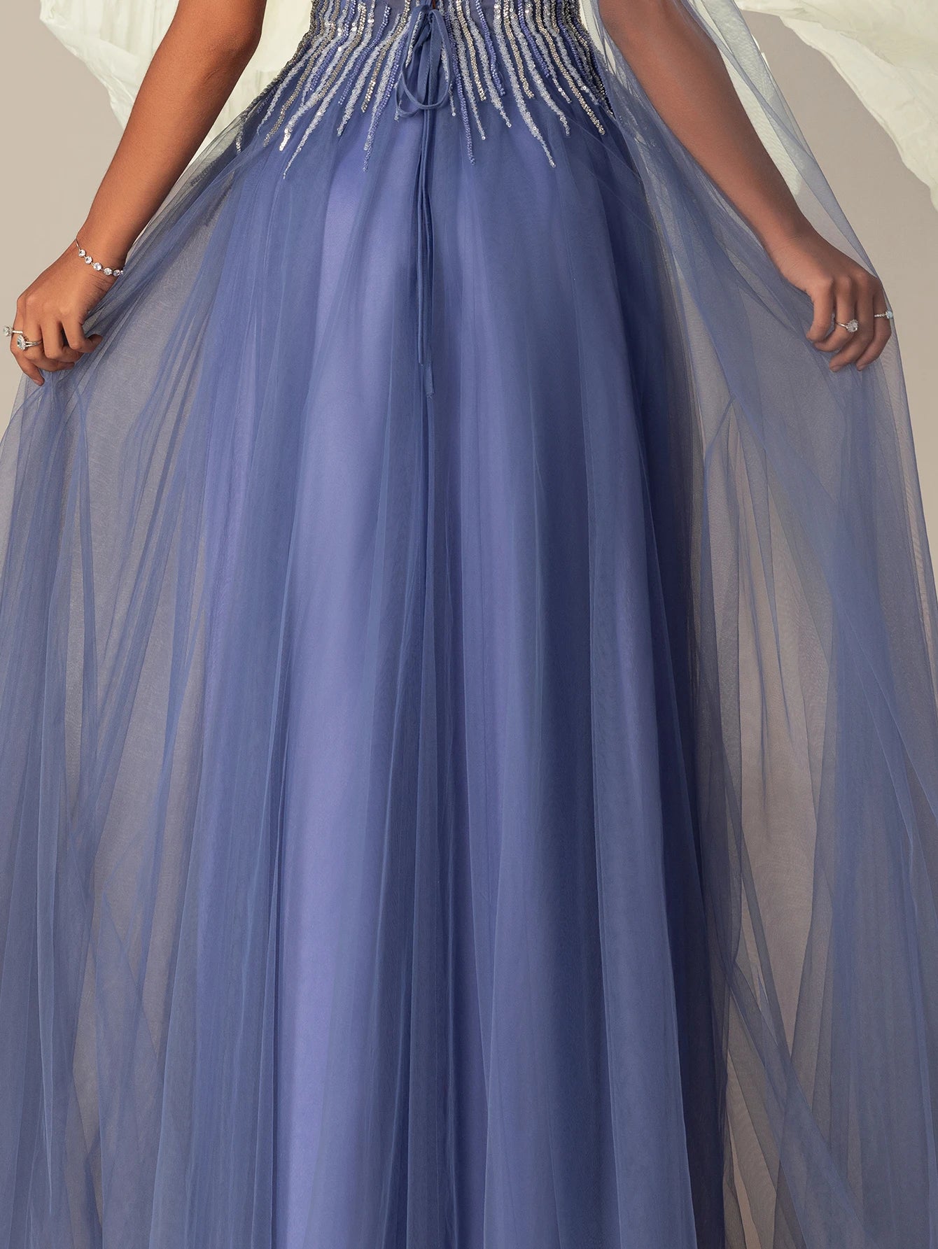 VIPGIRL Women's Dusty Blue Off-Shoulder Beaded Tulle Evening Gown High Slit A-Line Prom Dress