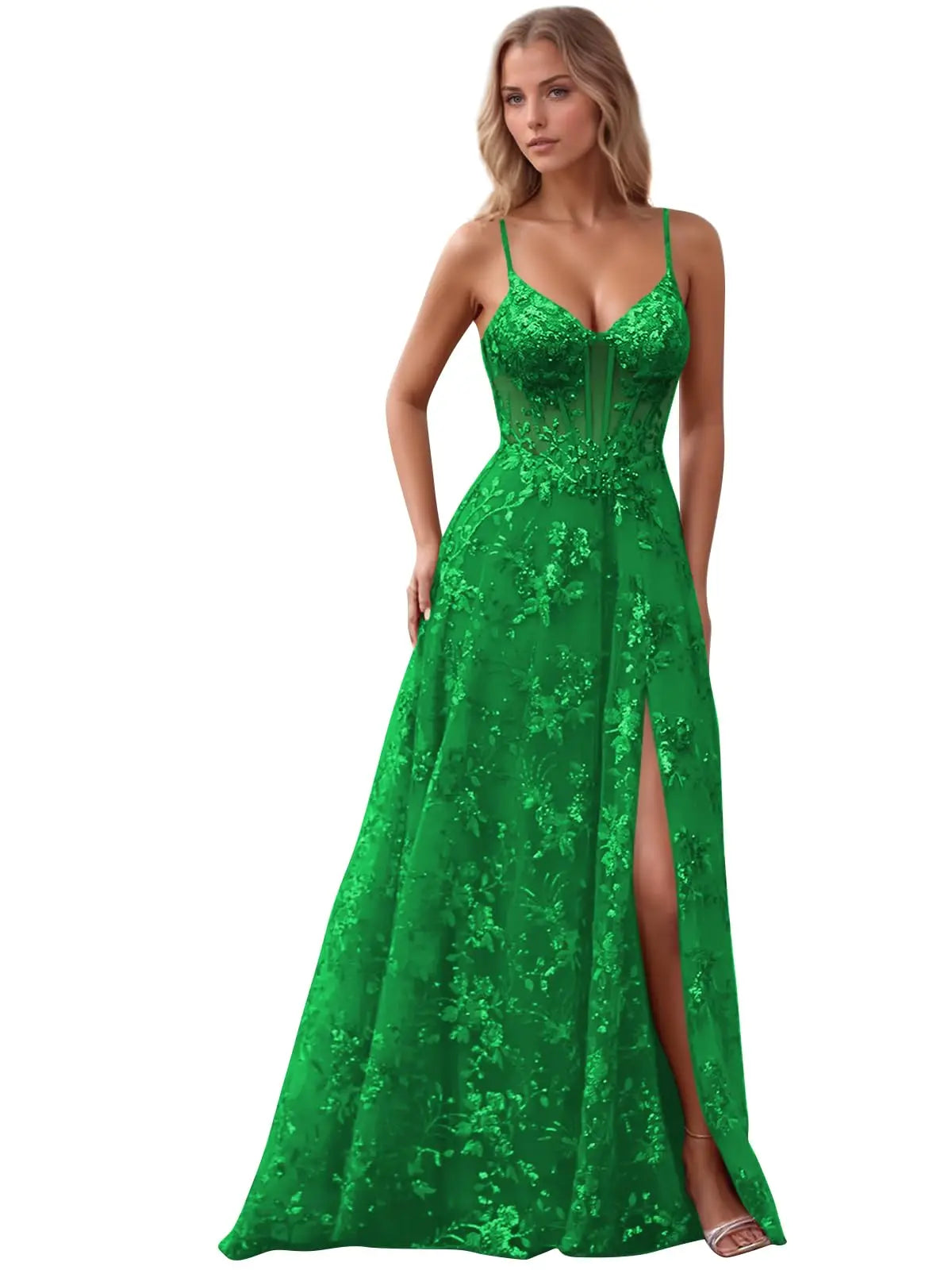 Spaghetti Strap Tulle Appliques Prom Dresses with Slit V Neck Sequin Evening Gown Women Formal Pageant Dress Long Party Dresses