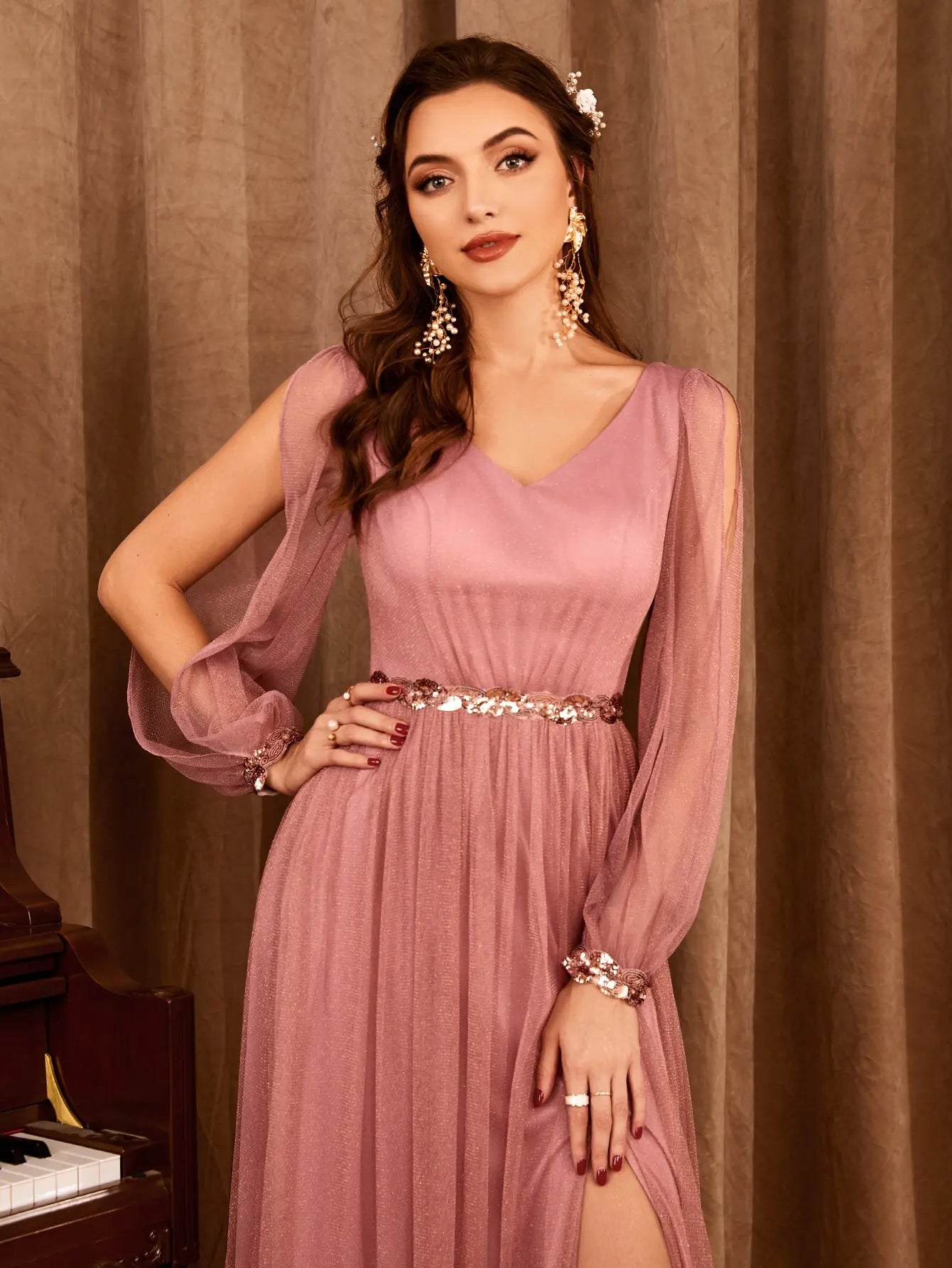 Mgiacy V-neck gauze applique slit elegant Evening gown Ball dress Party dress Bridesmaid dress
