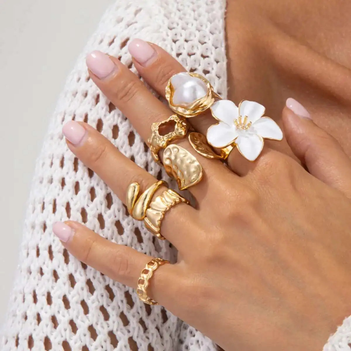 KunJoe 7Pcs/Set Imitation Pearl White Flower Open Ring for Women Trendy Geometry Water Drop Adjustable Finger Ring Jewelry Gift