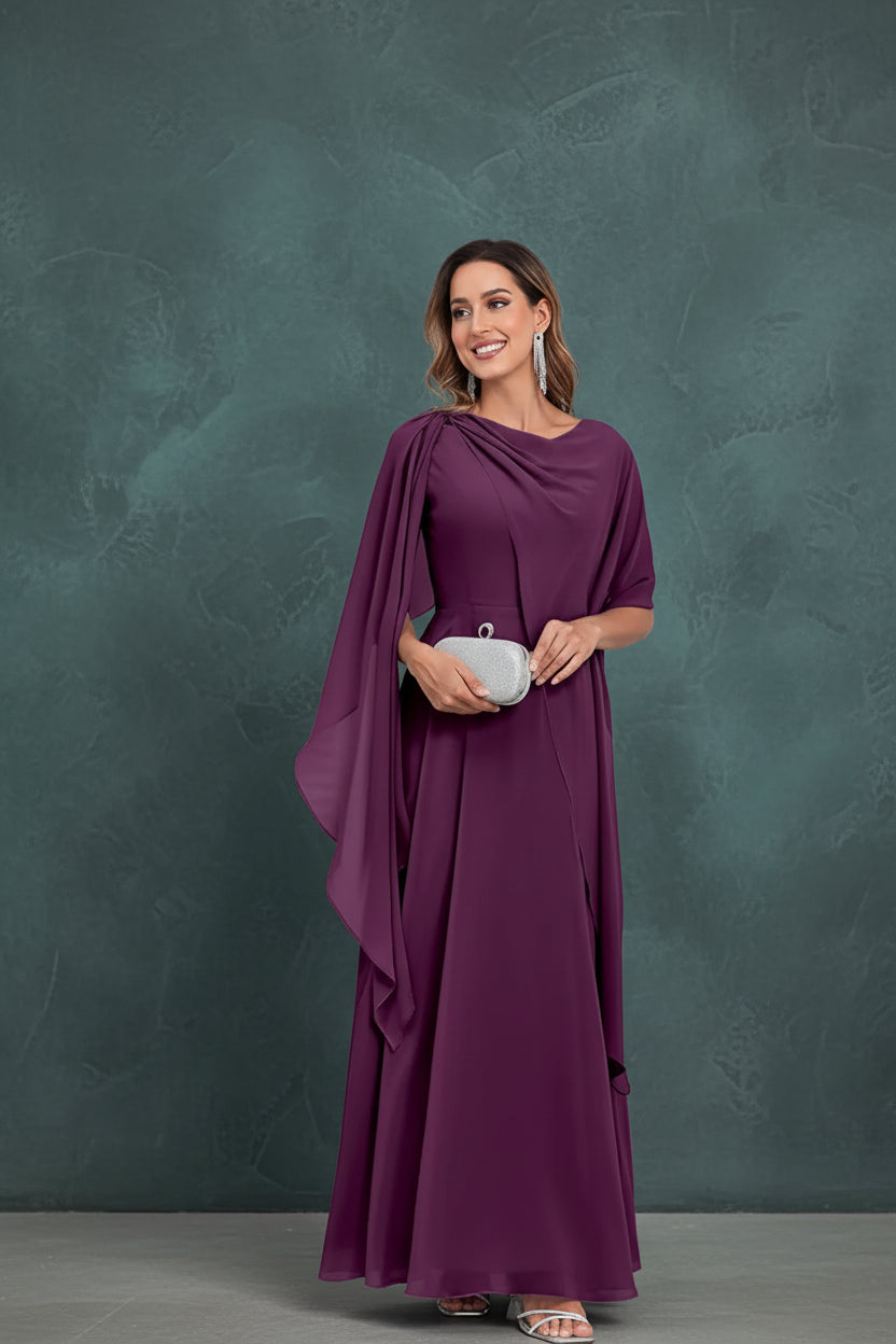 Scoop Neck Mother of The Bride Dresses Cape Shawl Ruffle Long Formal Evening Gowns Chiffon A Line Wedding Guest Bridesmaid Dress