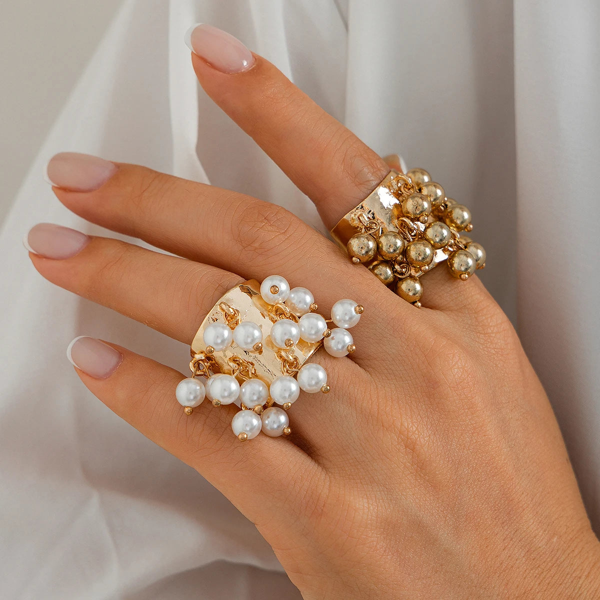 Salircon Trendy Imitation Pearl Stone CCB Small Ball Ring Women's Man 2024 Vintage Street Punk Hip Hop Ring Female Jewelry