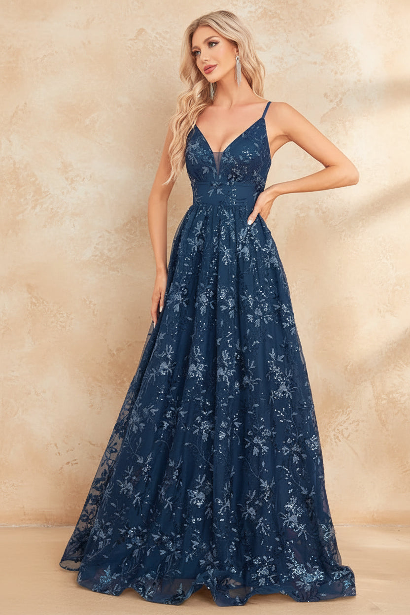 Elegant Sequins Sexy Backless Evening Dress For Women Deep V-neck Prom Party  Dress Floor Length Blue Formal Gowns