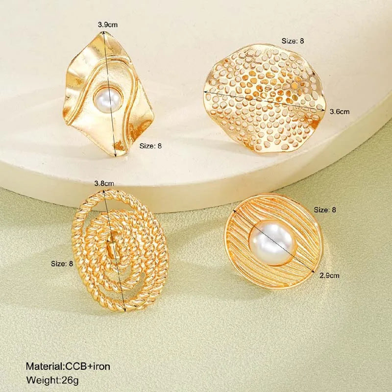 4Pcs/Set Fashion Gold Color Imitation Pearl Flower Chunky Rings Set For Women Exaggerated Metal Hollow Geometric Ring Jewelry