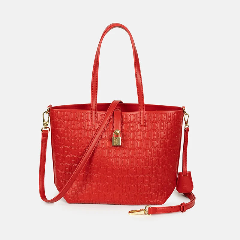 CH Embossed Monogram Tote Handbag Detachable Crossbody Strap Gold Lock Hardware Daily Fashion Women Bag