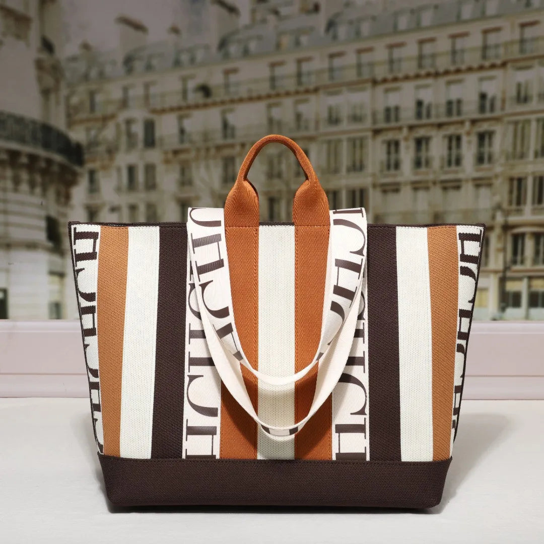 Women's Tote Bag Simple Stripe Design Women's Shoulder Bag Letter Print Large Capacity Commuter Style Classic Ladies Crossbod