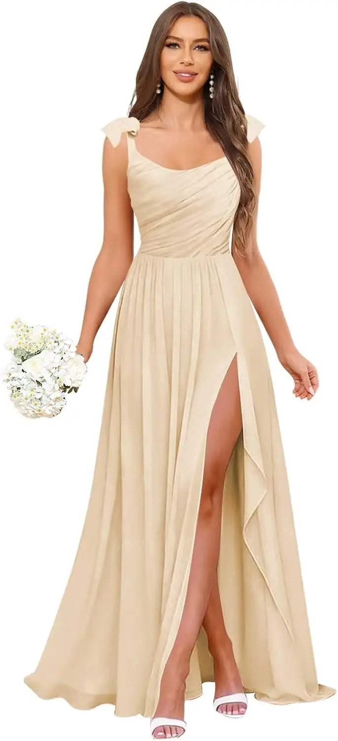 Square Neck Bridesmaid Dress with Ruffle Slit Chiffon Spaghetti Straps Ruched Bust Long Formal Prom Wedding Guest Gown
