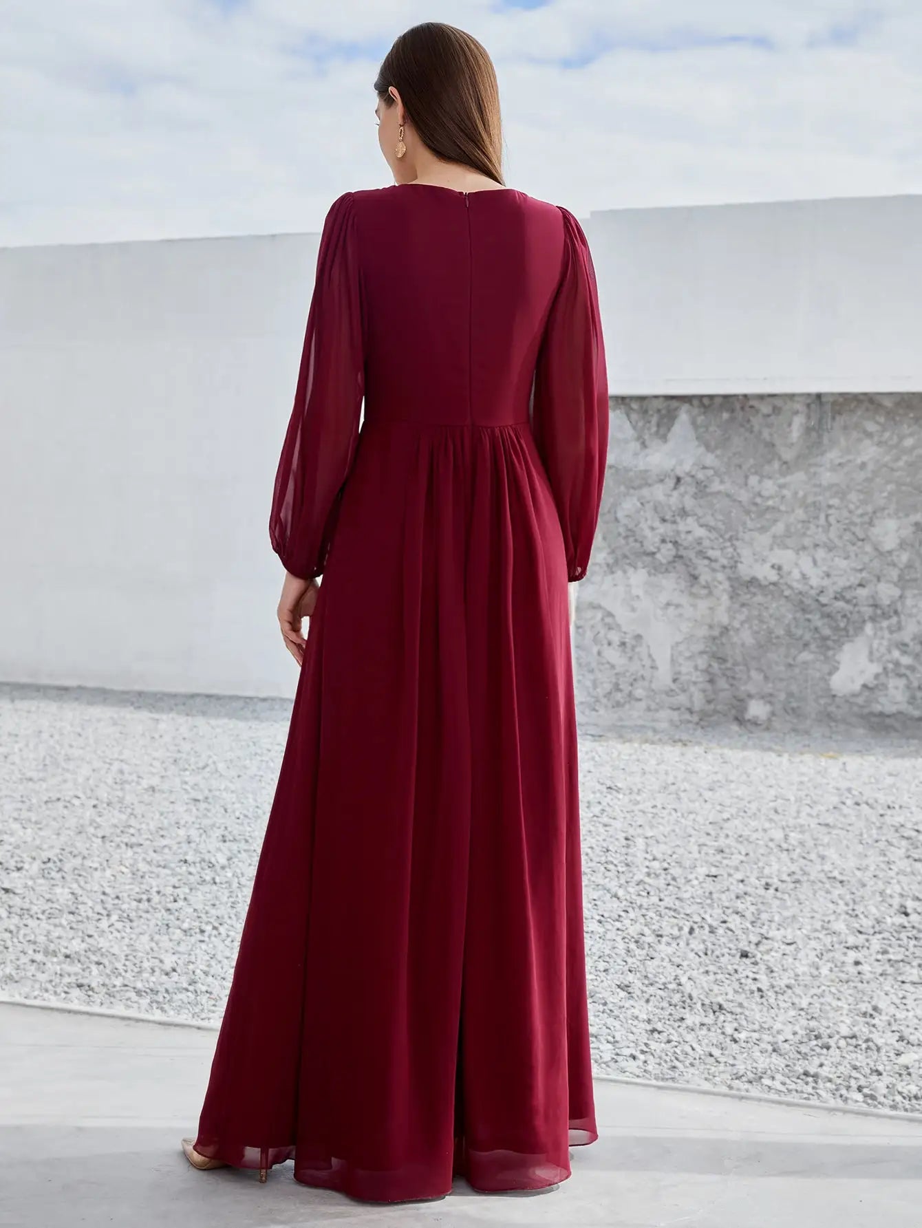 Mgiacy V-neck long sleeve beaded print extra long chiffon Dress