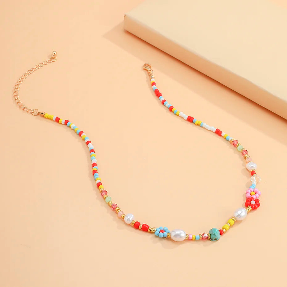 Salircon Baroque imitation Pearls Cute Flower Colorful Handwoven Beaded Short Clavicle Chain Choker Necklace Women Girls Jewelry