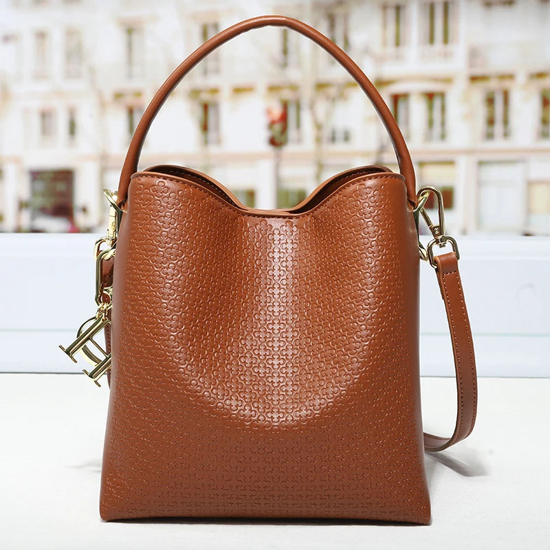 CH Embossed Leather Bucket Bag Large Capacity Handbag with Detachable Shoulder Strap Luxury Tote Bag for Women