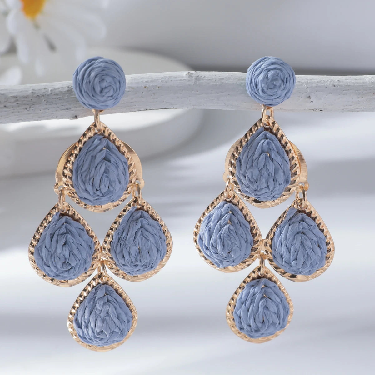 Women's Bohemian Fashion Handmade Water Drop Long Earrings Colorful Rattan Knit Raffia Hanging Party Jewelry Accessory