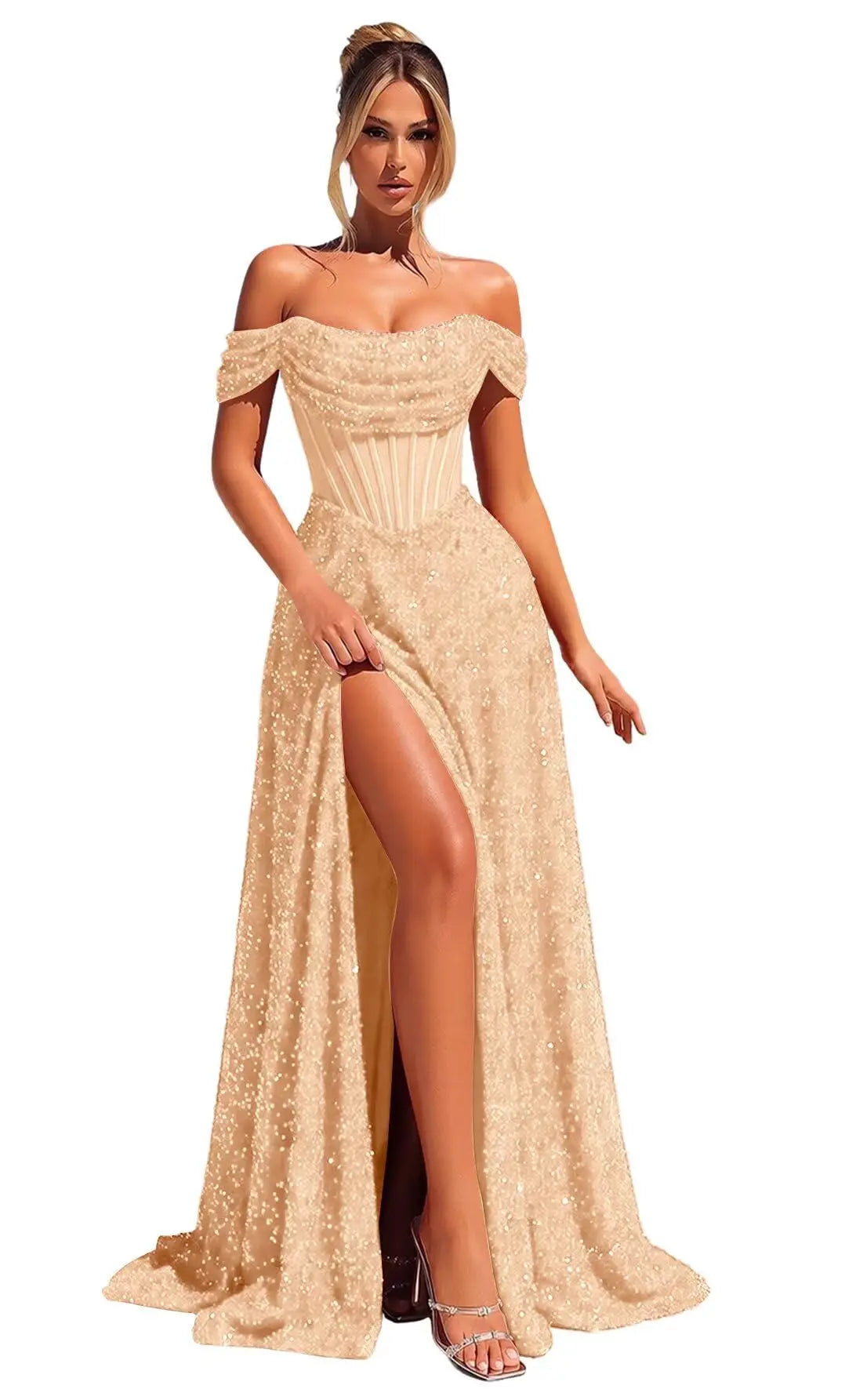 Customized Sparkly Sequins Prom Dresses for Women Off Shoulder Strapless A Line Formal Evening Dress with Side Slit