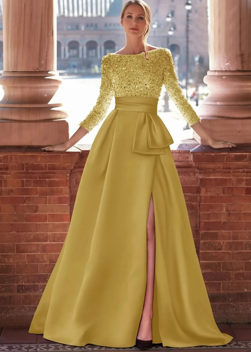 Long Sleeves Mother Of The Bride Dresses For Wedding Sparkly Sequin Ball Gowns Side Slit Satin Formal Party Prom Gown