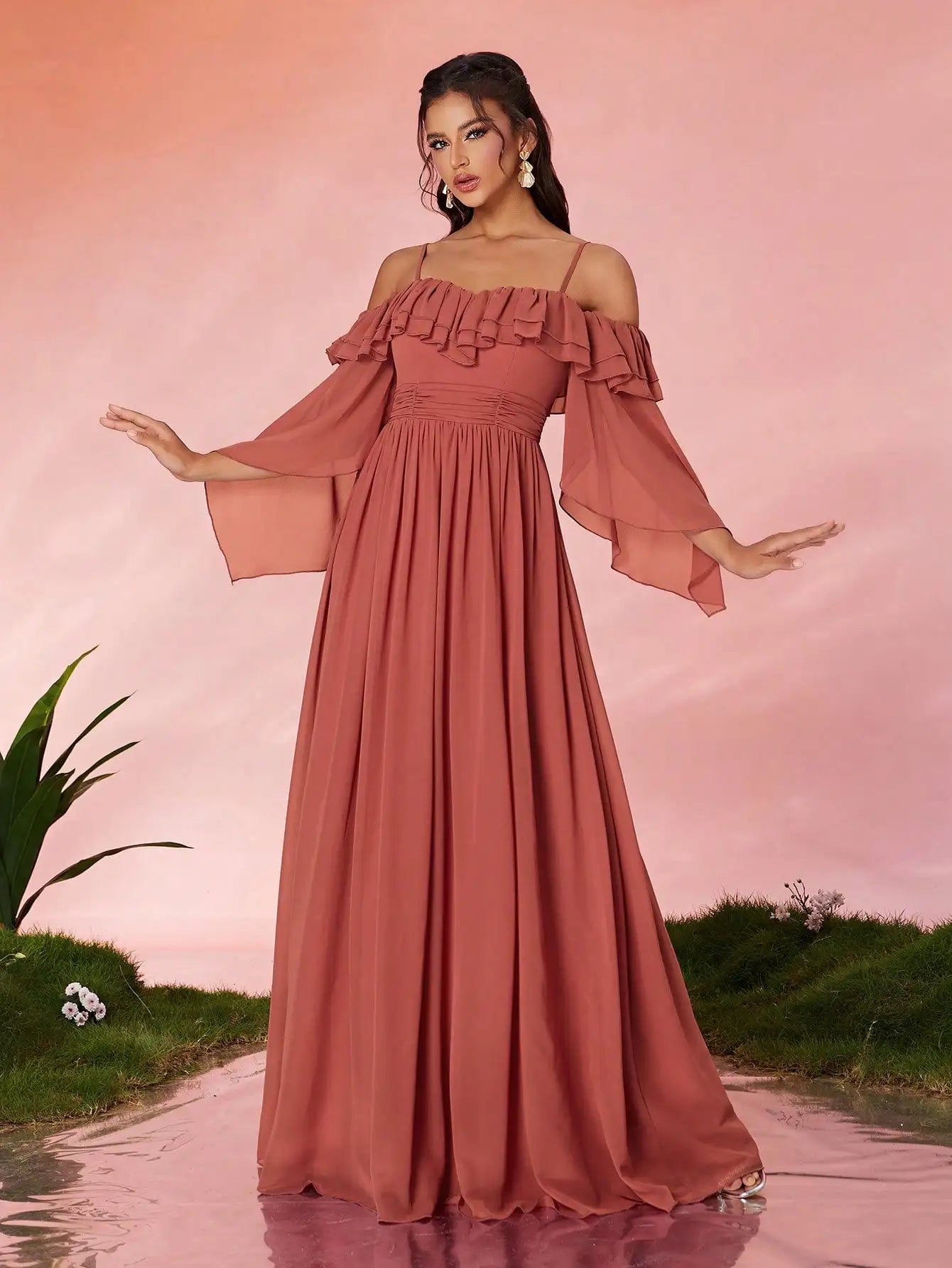 One-shoulder pearl chiffon ruffled collar long-sleeved wide-skirt high-end evening gown