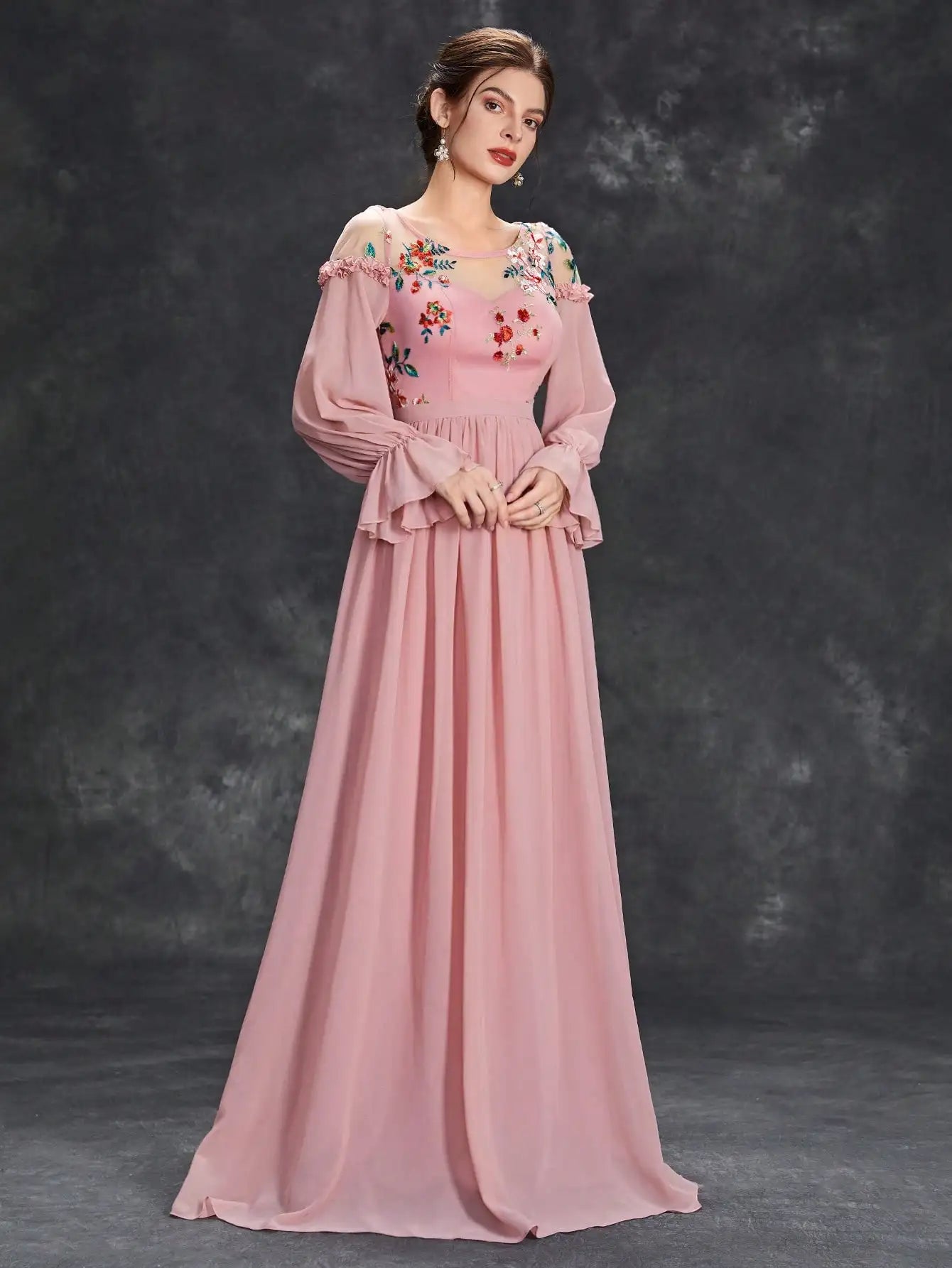 Mgiacy Round neck Color embroidered half-through chiffon chiffon long sleeve dress Ball Dress Party dress Bridesmaid dress