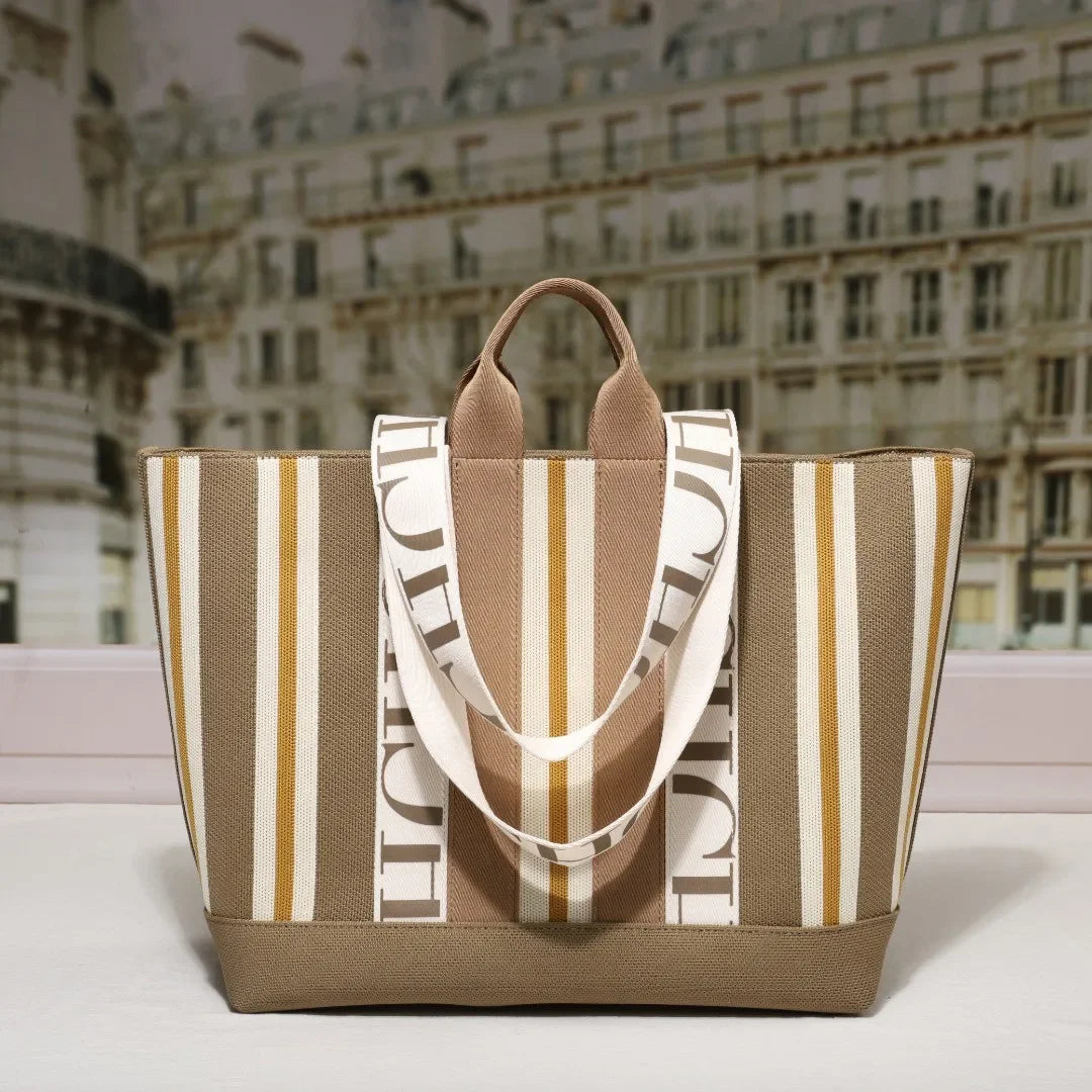 Women's Tote Bag Simple Stripe Design Women's Shoulder Bag Letter Print Large Capacity Commuter Style Classic Ladies Crossbod