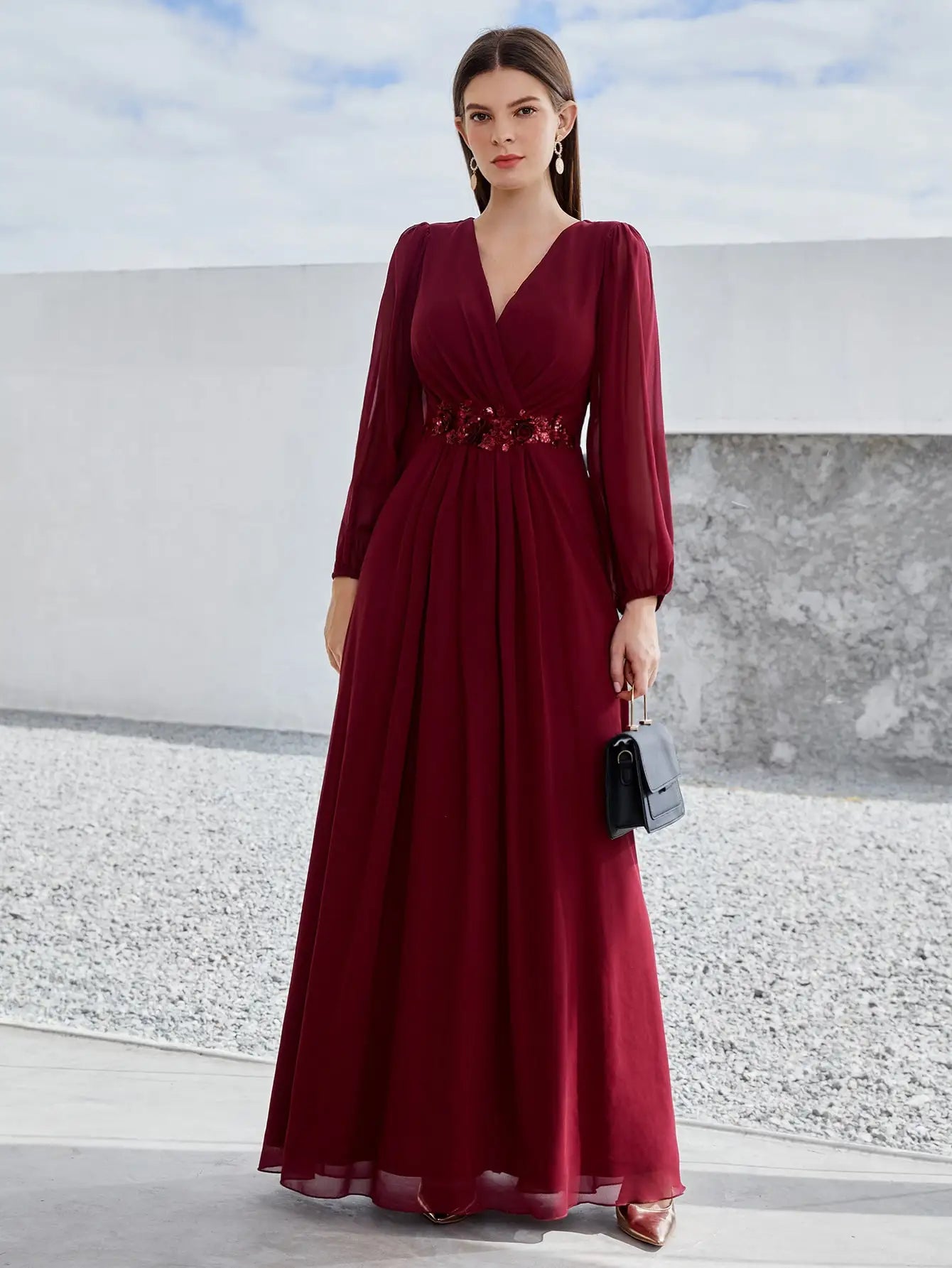Mgiacy V-neck long sleeve beaded print extra long chiffon Dress