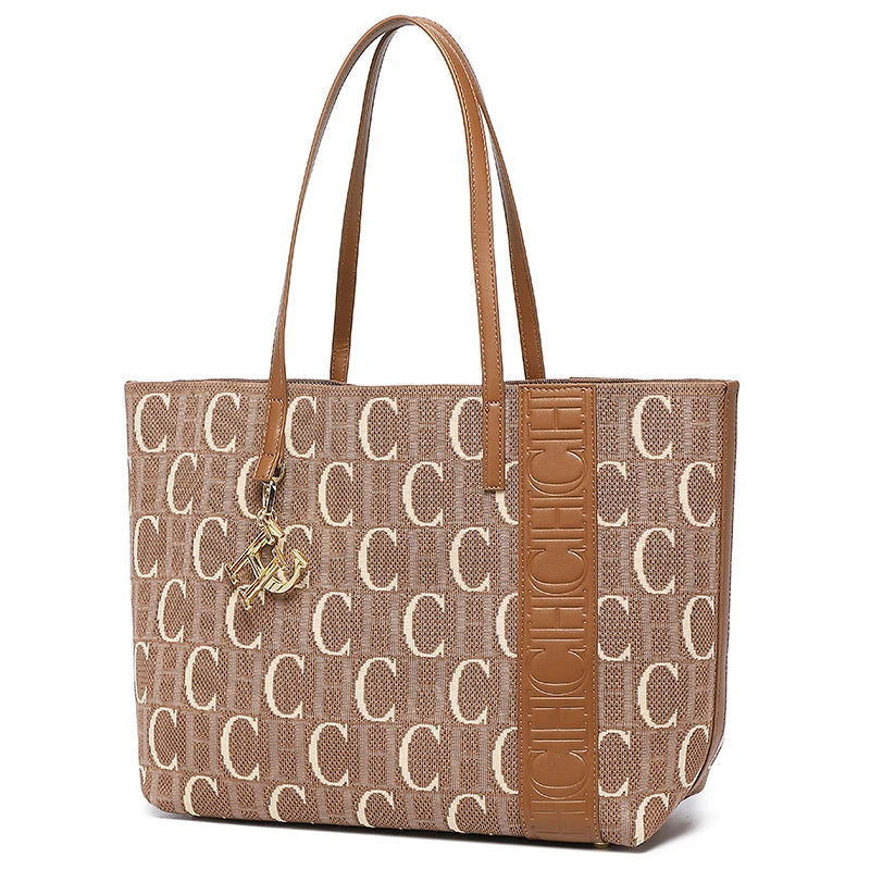 CH Fashion Women's Large Capacity Tote Bag Monogram Embossed Handbag with Metal Daily Commute Work Shoulder Bag