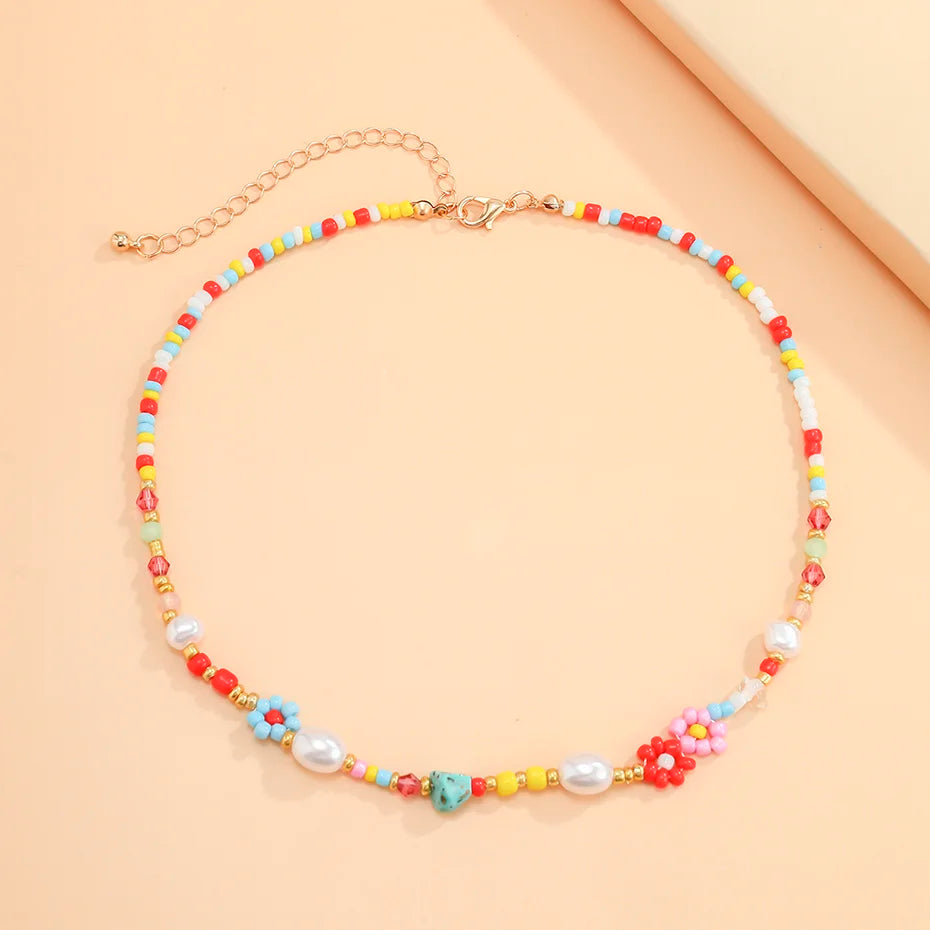 Salircon Baroque imitation Pearls Cute Flower Colorful Handwoven Beaded Short Clavicle Chain Choker Necklace Women Girls Jewelry