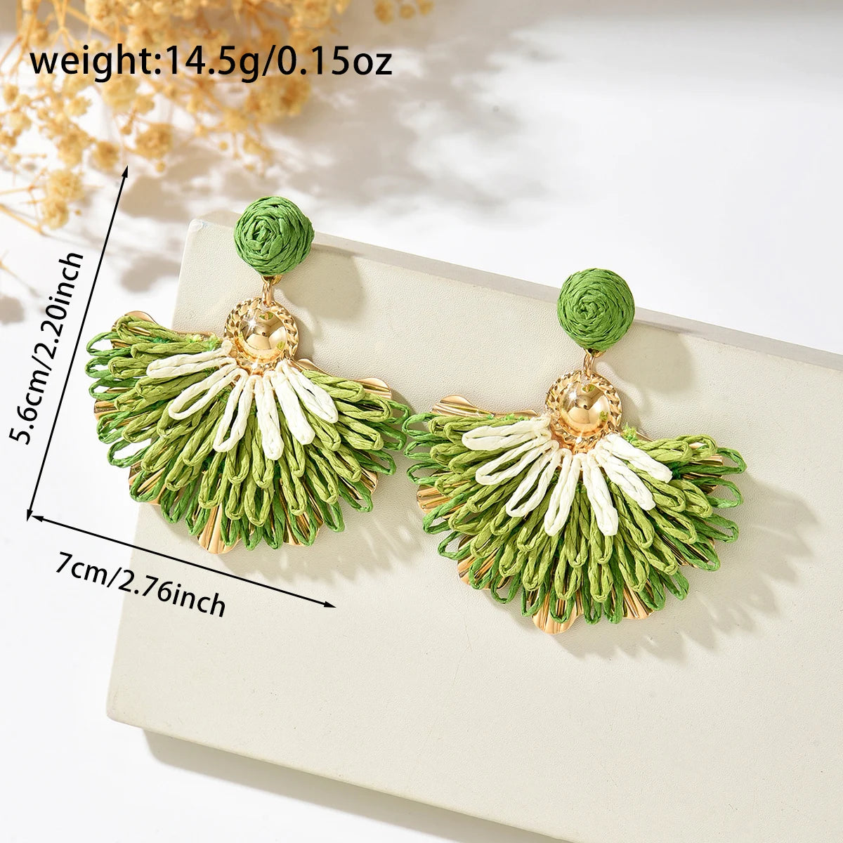 Women Handmade Colorful Straw Fan Fringe Earrings Raffia Ball Stud Gradient Tassel Dangling Earrings Bohemian Holiday Seaside Ac
