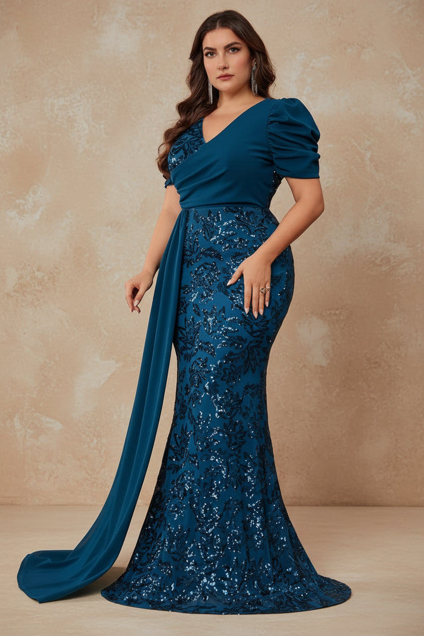 Plus Size Elegant V-neck Sequins Evening Dress Women Short Sleeves Mermaid Formal Luxury Party Streamer Prom Dress
