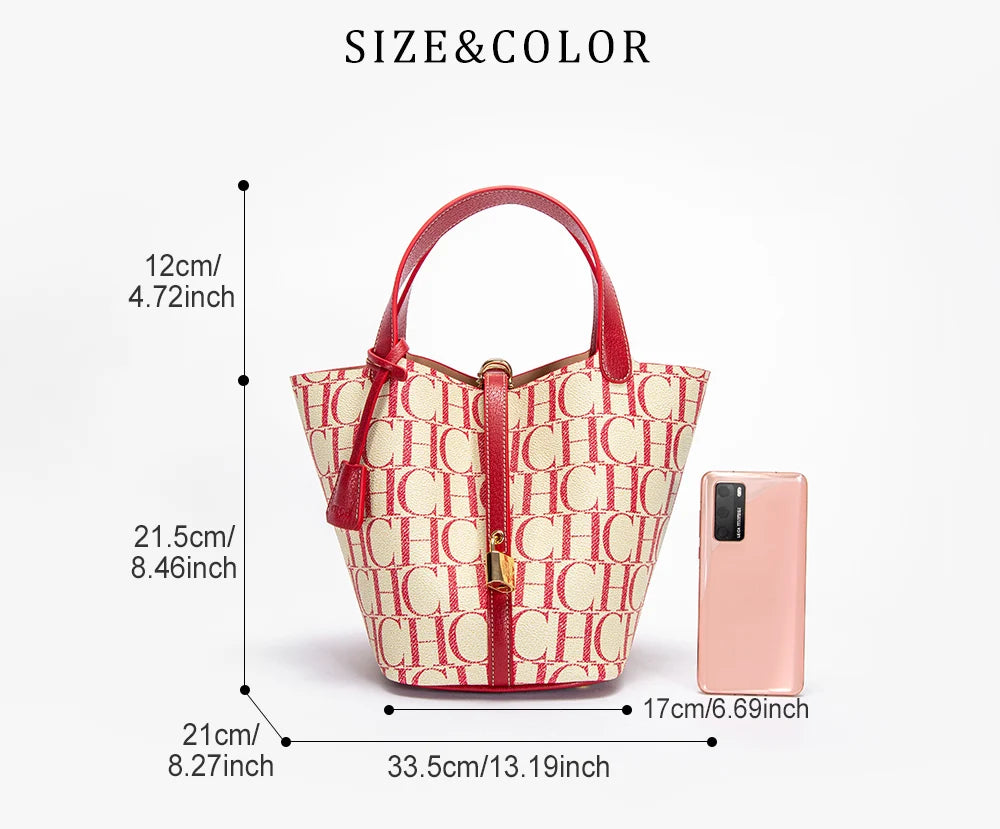 CH Tote Bag For Women Luxury Monogram Leather Handbag Fashion Top Handle Bag Elegant Lock Bucket Bag For Daily Commute