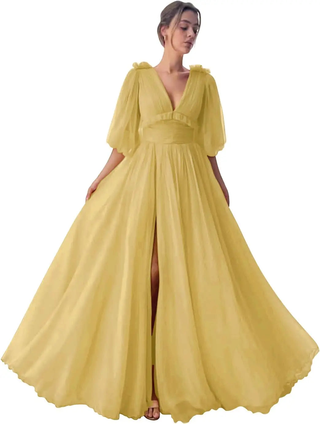 Long Slit Ball Gowns Formal Dresses for Women Evening Party Gown Formal Dress Women Elegant Puffy Sleeve Tulle Prom Dresses 2026